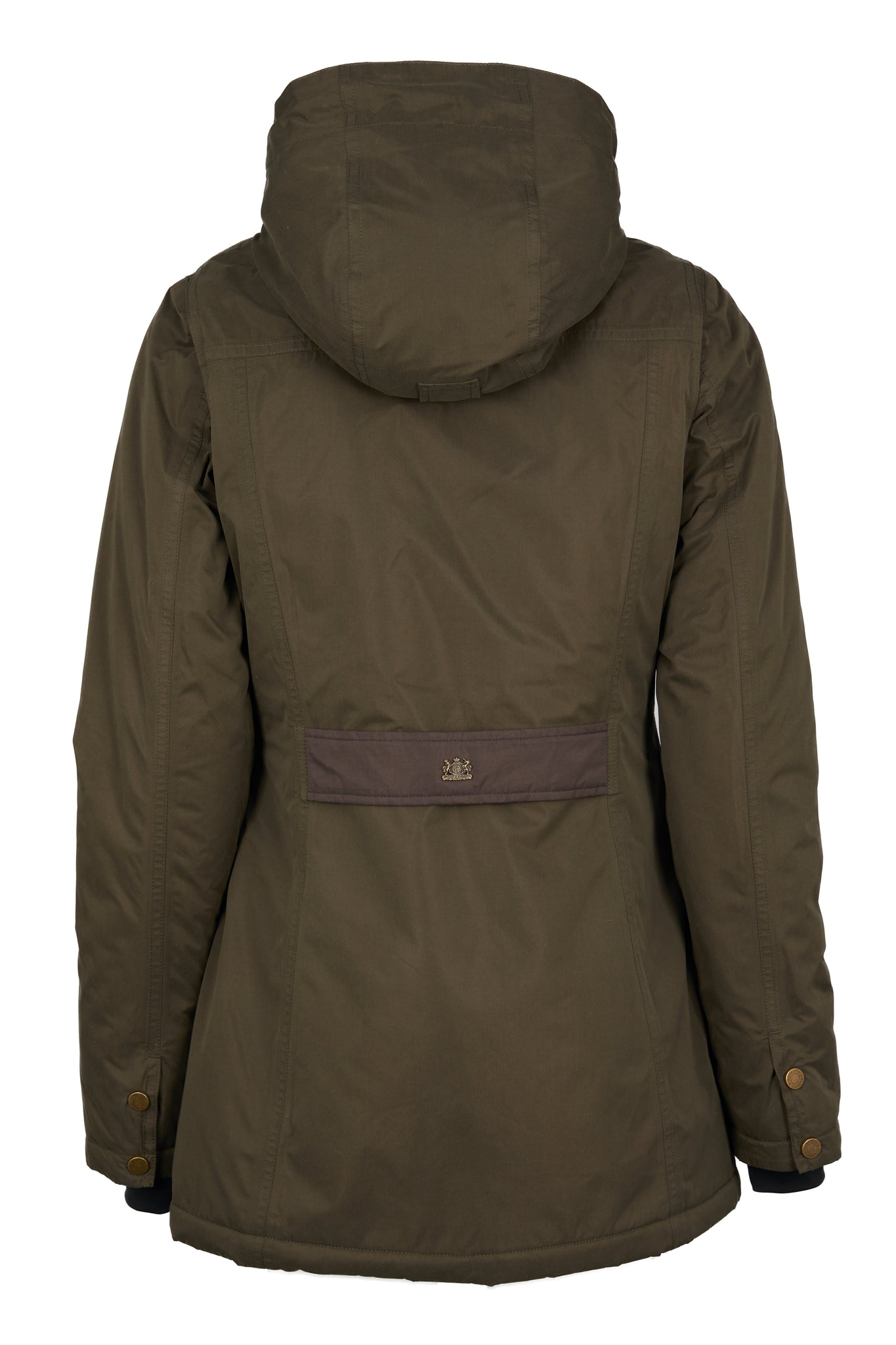 back of multiway coat in khaki that works as a 3 in 1 a waterproof outer coat with stowaway hood and deep pockets and black jersey storm cuffs and a fleece gilet inner with tan leather trims can be worn together or separately