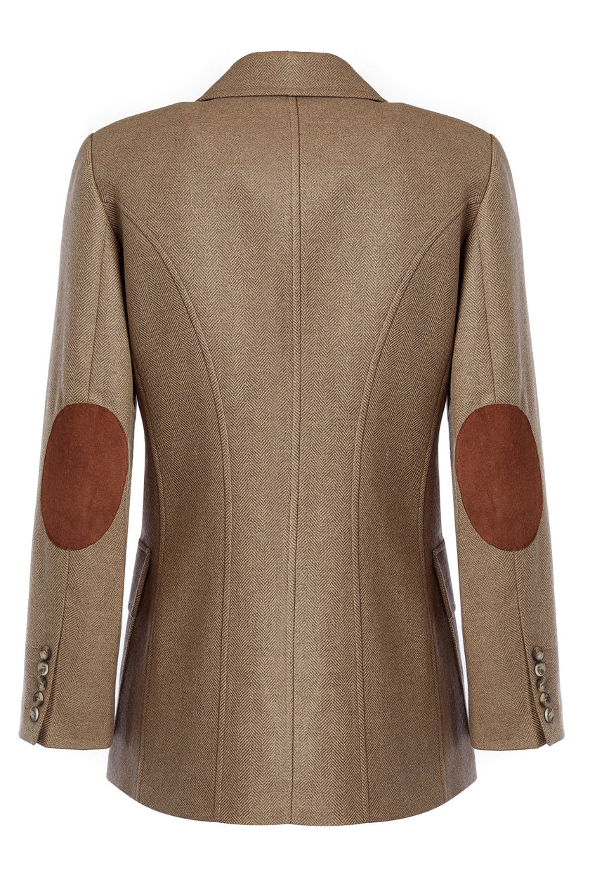 back of womens tailored fit single breasted blazer in camel herringbone with patch pockets and contrast tan suede elbow patches and underside collar