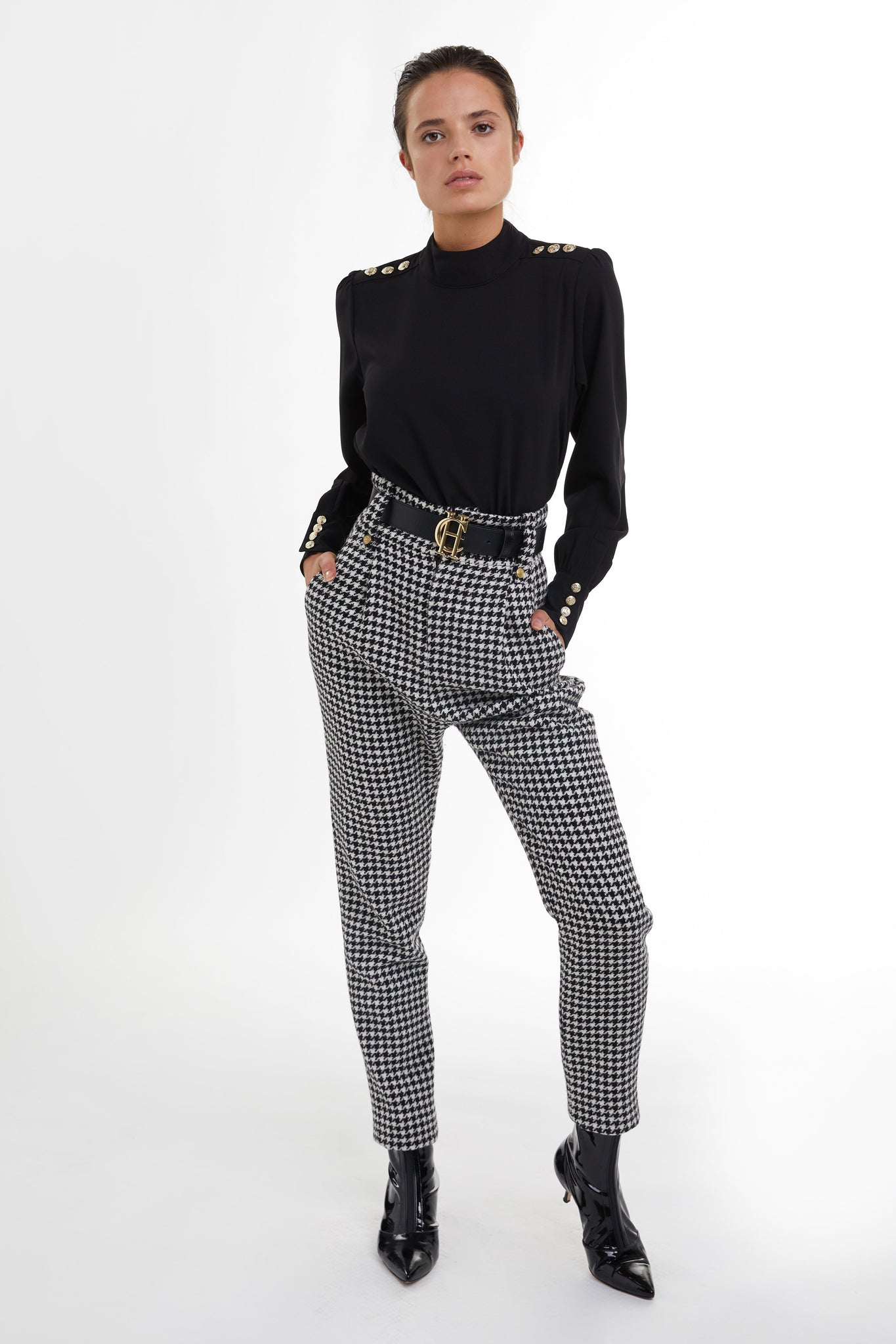 High Waisted Peg Trouser (Houndstooth)