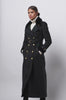 womens navy and green blackwatch houndstooth double breasted full length trench coat with black faux fur collar and cuffs