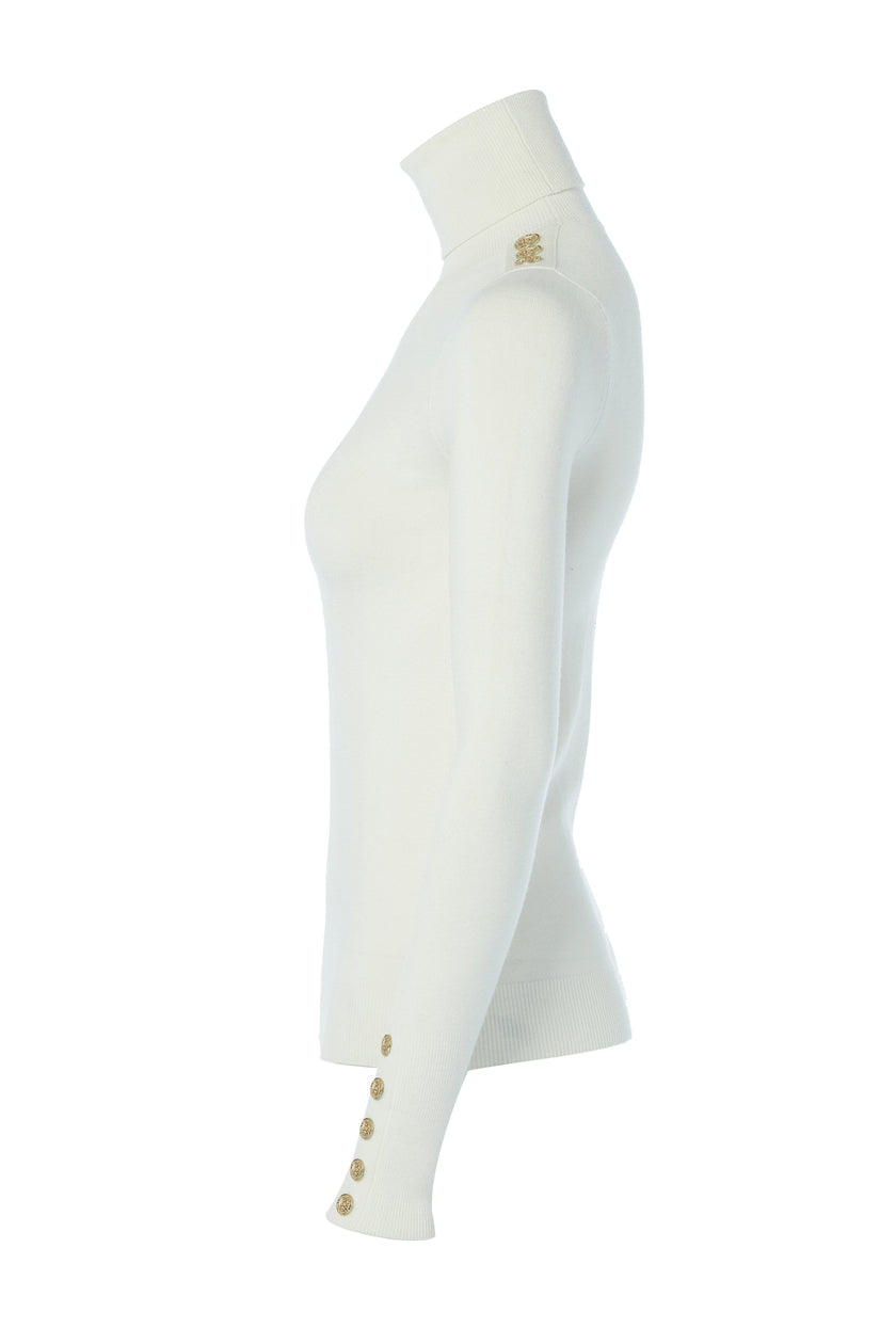 side of super soft lightweight jumper in cream with ribbed roll neck collar, cuffs and hem