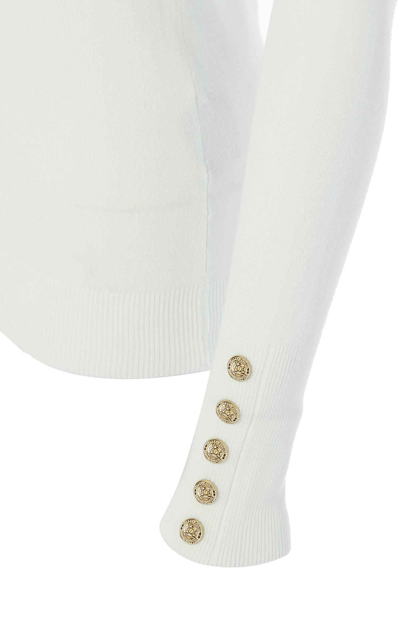 gold button detail on cuffs og super soft lightweight jumper in cream with ribbed crew neck collar, cuffs and hem 